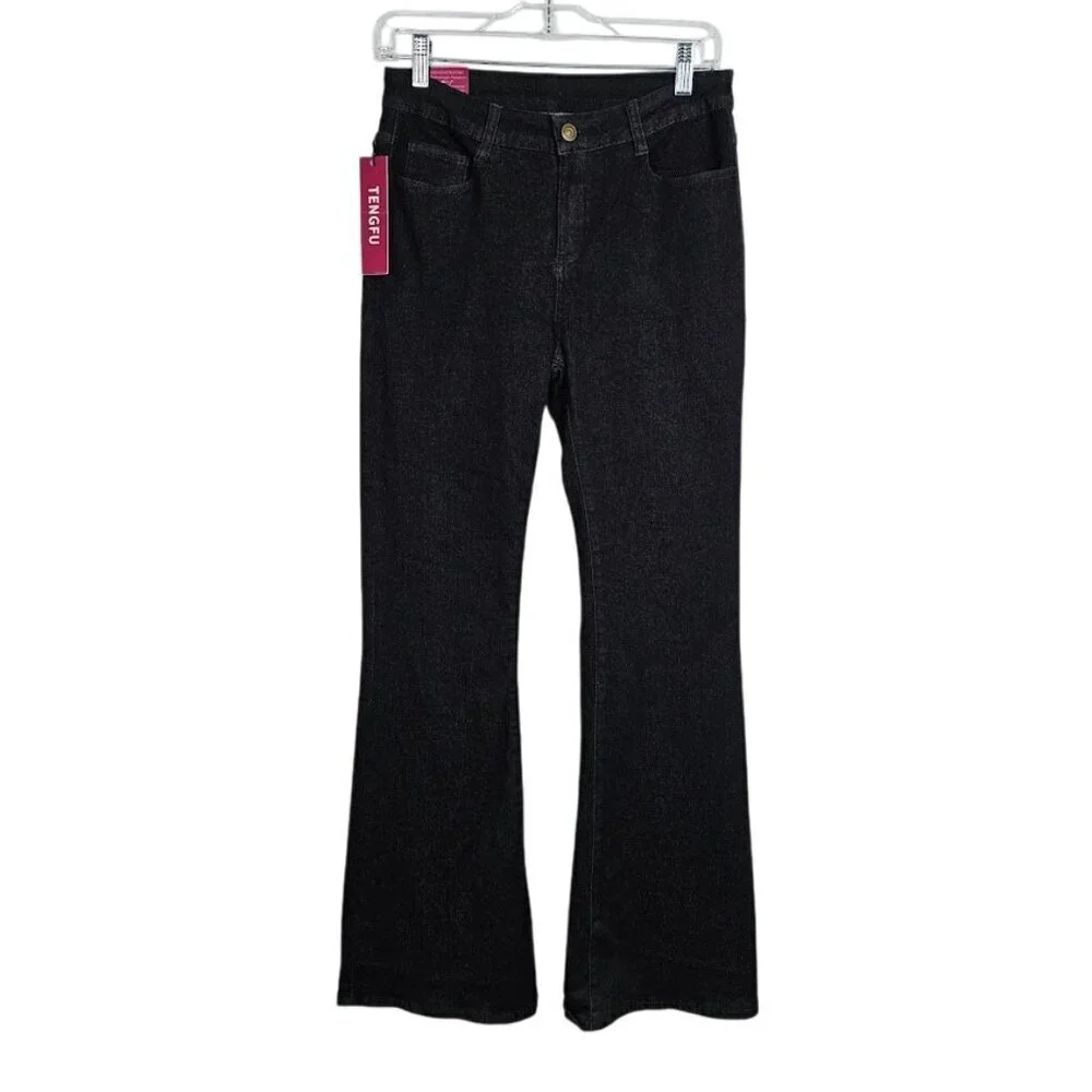 NWT Women's TENGFU Flare Leg Jeans size 4 BLACK High Rise Denim Bootcut Preppy - Picture 1 of 6